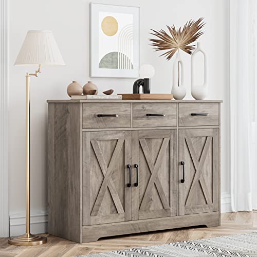 HOSTACK Kitchen Buffet Cabinet with Storage, Sideboard Coffee Bar, Grey | Farmhouse Kitchen Storage Cabinet with 3 Drawers & Adjustable Shelf, 42.5"W Buffet Table for Dining Living Room, White - color: Ash Grey
