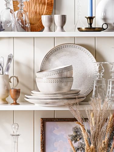 LE TAUCI Plates and Bowls Sets for 4, 12 Piece Ceramic Dinnerware Sets, Kitchen Stoneware Dish Set, Chip Resistant, Microwave & Dishwasher Safe, Reactive Glaze Beige (8"&10" Plate, 27oz Bowl) - size: 4 Set(12pcs)