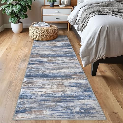 KOZYFLY Modern Abstract Washable Rug Runner 2x7 Hallway Runner Rug Non-Slip Soft Kitchen Runner Rugs, Print Blue Rust Striped Carpet Runner for Entryway Bathroom Laundry Room Foyer - color: Blue Rust White, size: 2' x 7' (Runner)