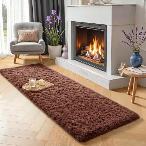 Brown Runner Rug 2' x 6', Fluffy Coffee Rugs for Bedroom Long Bedside Rugs | Fluffy Hallway Rug Indoor Plush Carpets for Living Room Kids Teen Dorm Nursery Room Decor Aesthetic Non-Slip Bedside Rug - color: Coffee, size: 2' x 6' (Runner)