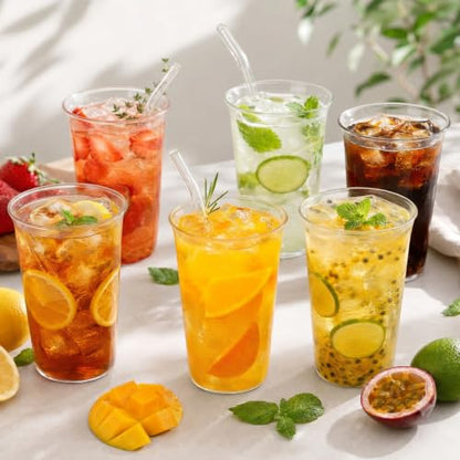 6 Piece Drinking Glasses 16 Oz Clear Drinking Glass with Straws Highball Glasses with Glass Straws Kitchen Glassware for Juice Coffee Cocktail Home Restaurant Party Tea, Water, Gift