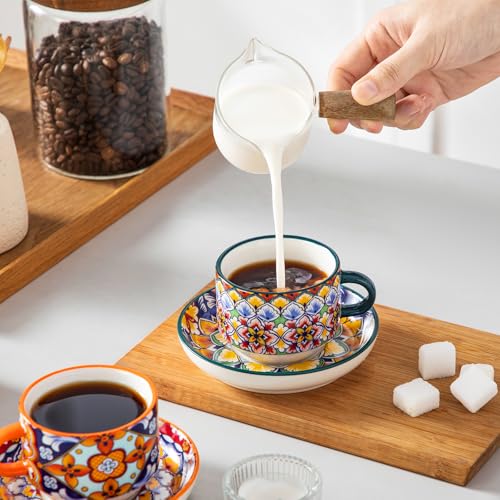 vancasso 4 Oz Bohemian Espresso Cup Set of 4, Ceramic with Saucers | Microwave and Dishwasher Safe, Easy Clean, For Cappuccino, Tea, Latte, Espresso, Stackable Design with Metal Display Stand - size: 4 Oz