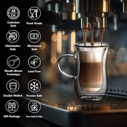 4 Oz Double Wall Borosilicate Insulated Glass Coffee Mug Set of 6, 120ml Coffee Cups with Handle for Tea, Latte - Perfect Espresso Cup Gift - color: 6 pcs 4 oz