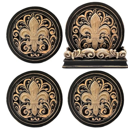 BestGiftEver Fleur De Lis Carved Scrolls 4 Coasters Set Kitchen Decoration | Rustic Western Farmhouse Decor Cup Mats, Coffee Table Drink Protection, New Apartment Accessory, Housewarming Gift for Women
