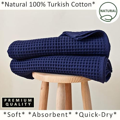 PÜSKÜL 2-Piece Natural 100% Turkish Cotton Waffle Bath Towels Extra-Large | Navy Blue, 32x63" Bath Sheet Towel, Light Soft Absorbent Quick-Dry Lint-Free Premium Honeycomb Weave Oeko-Tex Made in Turkiye - color: Navy Blue