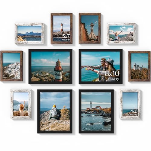 Vittanly 12 Pack Gallery Wall Frame Set, Black, Brown, Distressed White | Gallery Wall Frame Set: 4pcs 8x10, 4pcs 5x7 & 4pcs 4x6 Photos for Wall & Table, Picture Frames made of Engineered Wood - color: Black & Brown & Distressed White