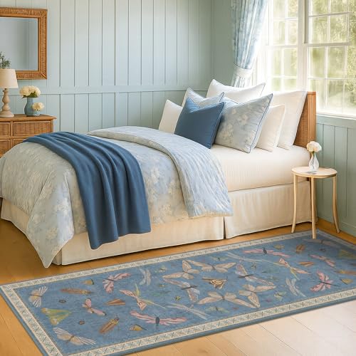 Boho Non Slip Kitchen Rug Runner - 2x5 Blue Washable Thin Rug for Bathroom, Laundry Room, Hallway, Non Slip with Rubber Backing, Insect Print Unique Runner - color: Blue, size: 2' x 5' (Runner)
