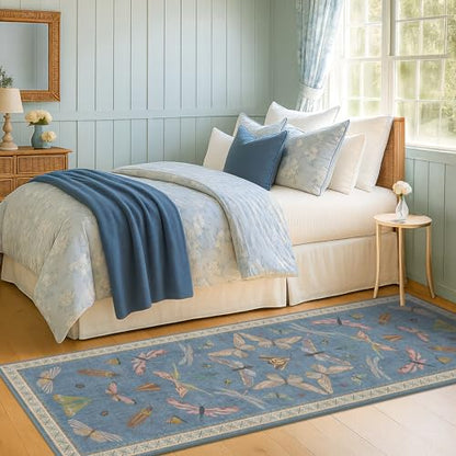 Boho Non Slip Kitchen Rug Runner - 2x5 Blue Washable Thin Rug for Bathroom, Laundry Room, Hallway, Non Slip with Rubber Backing, Insect Print Unique Runner - color: Blue, size: 2' x 5' (Runner)