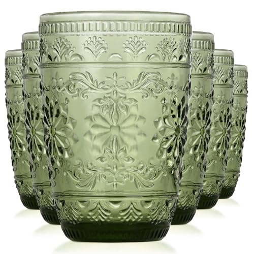 abrwyy Green Drinking Glasses, Vintage Glassware, 14oz Green Glass Cups | Lead-Free Glass, Thick&Durable Glass, Home Decoration, Drinking Glasses Set of 6 - color: Green