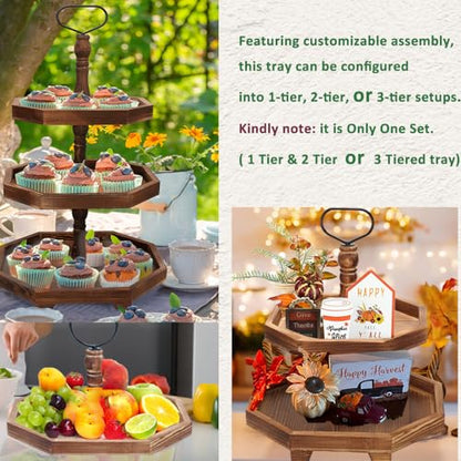 MRPAPA Tiered Tray Stand Wood Tier Serving Tray, Three Decorative Trays, Wooden Cupcake Stand 3 Tiered Farmhouse Trays for Home Decor(L 13.8” W 12.5” H 21.8”)