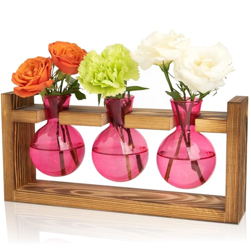 XXXFLOWER Plant Terrarium Jar Propagation Station Stand 3 Pink Bulb Vases | Plant Lovers Gifts for Mom Wife Grandma Daughter, Hydroponics Cutting Tabletop Office Home Garden Indoor Decoration - color: Pink