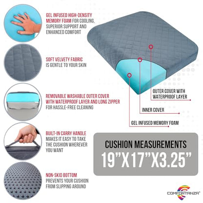 Large 19"x17"x3.25" Medium-Firm Memory Foam Seat Cushion with Cooling Effect, Washable Cover and Non-Slip Base for Office Chairs, Wheelchairs, Recliners, Cars - Back Pain Relief - Gray - color: Gray