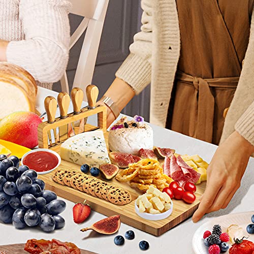 Bamboo Charcuterie Board Set with 4 Cheese Knives, Serving Platter | 4 stainless steel knives, cutting board. Ideal for parties, weddings, wine night, housewarming. - size: 14" x 11" x 0.6"