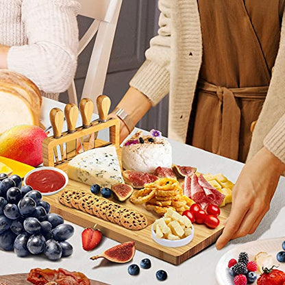 Bamboo Charcuterie Board Set with 4 Cheese Knives, Serving Platter | 4 stainless steel knives, cutting board. Ideal for parties, weddings, wine night, housewarming. - size: 14" x 11" x 0.6"