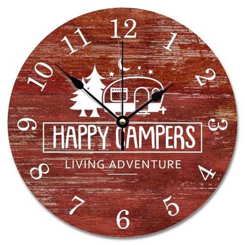 Campers Advebture Red Wall Clock Happy Camping Large Wall Clocks Battery Operated 10 Inch Silent Non-Ticking Farmhouse Home Decor Wall Decor for Living Room Kitchen Bedroom Bathroom - color: Style-6, size: 10x10 in