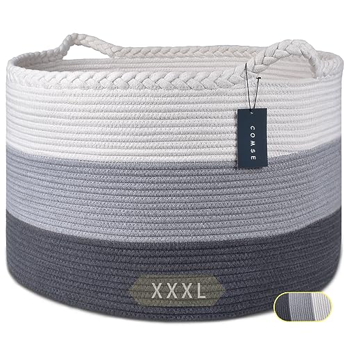 COMSE Large Woven Blanket & Laundry Basket, 87L, White & Gray | 21.7" x 13.8", Cotton Rope, Nursery Hamper for Storage of Toys Clothes Towels, Ideal for Living Room Bedroom Bathroom - color: White & Light Gray & Dark Gray