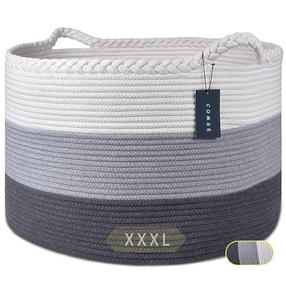 COMSE Large Woven Blanket & Laundry Basket, 87L, White & Gray | 21.7" x 13.8", Cotton Rope, Nursery Hamper for Storage of Toys Clothes Towels, Ideal for Living Room Bedroom Bathroom - color: White & Light Gray & Dark Gray