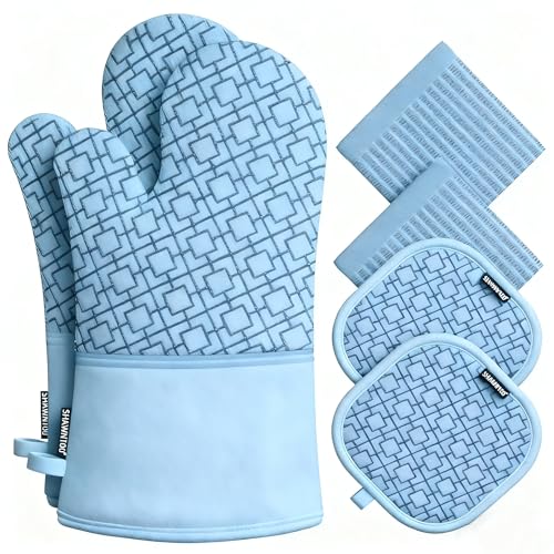Oven Mitts and Pot Holders Sets 6pcs, Kitchen Oven Glove,High Heat Resistant 550 Degree Extra Long Oven Mitts and Potholders with Non-Slip Silicone Surface for Home Essentials (Grey) (Fog Blue) - color: Fog Blue