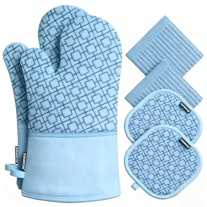 Oven Mitts and Pot Holders Sets 6pcs, Kitchen Oven Glove,High Heat Resistant 550 Degree Extra Long Oven Mitts and Potholders with Non-Slip Silicone Surface for Home Essentials (Grey) (Fog Blue) - color: Fog Blue