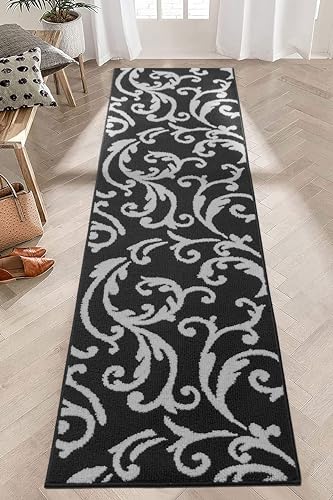 Hallway Runner Rug Non Slip Rubber Backing, 26 inch x 8 ft, Scroll, Black & White, Heavy Duty Berber Style Carpet Runner for Entryway, Kitchen, Bathroom, Bedroom, Laundry Room. - color: Scroll Black, size: 8 Foot Long Runner Rug