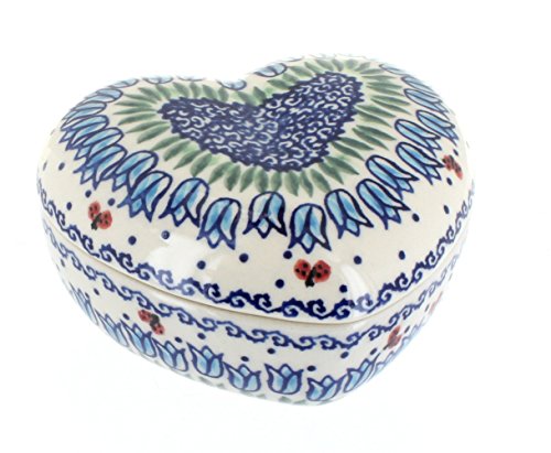Blue Rose Polish Pottery - Green Garden Tulip Large Heart Box - 5.5" x 5" - Hand-Painted Polish Pottery Ceramic Jewelry, Trinket & Keepsake Storage Box with Lid