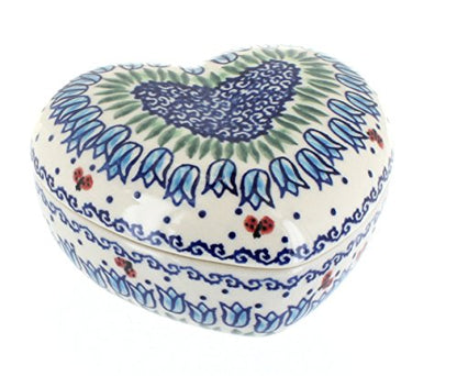 Blue Rose Polish Pottery - Green Garden Tulip Large Heart Box - 5.5" x 5" - Hand-Painted Polish Pottery Ceramic Jewelry, Trinket & Keepsake Storage Box with Lid