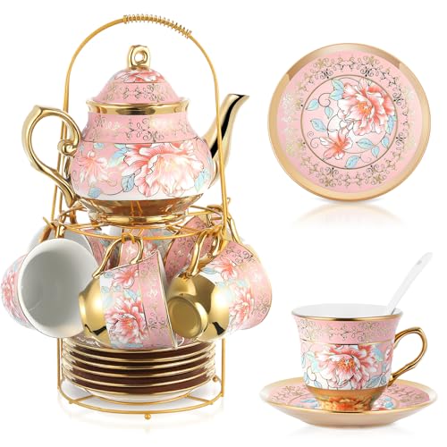 Zhehao 20 Pcs Porcelain Tea Set with Metal Holder and Spoon Adult Ceramic Tea Set European Flower Painting Teapot Cup Saucer Spoon for Women Mom Gift, Large Version (Pink Style) - color: Pink Style