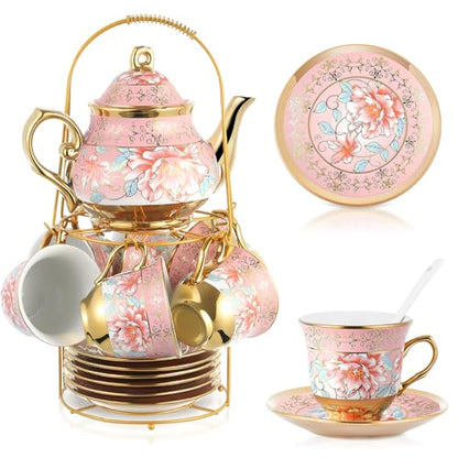 Zhehao 20 Pcs Porcelain Tea Set with Metal Holder and Spoon Adult Ceramic Tea Set European Flower Painting Teapot Cup Saucer Spoon for Women Mom Gift, Large Version (Pink Style) - color: Pink Style