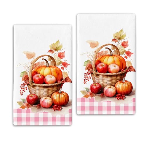 Microfiber Apple Pumpkin Basket Fall Kitchen Towels Halloween Decor Set of 2,Pink Plaid Autumn Dish Towel 17x27 Inch,Farmhouse Home Indoor Thanksgiving Seasonal Decorations Hand Towels - color: Apple-pink