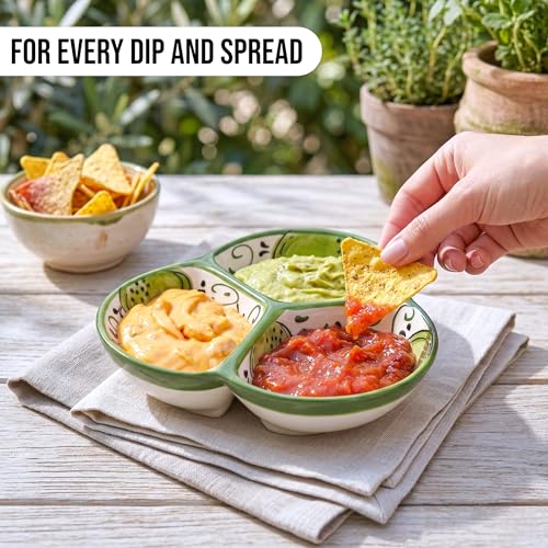 3-Compartment Ceramic Serving Dish, Handmade in Spain | 7.5” divided chip and dip bowl with lead-free glaze, microwave, oven and dishwasher safe, ideal for tapas, snacks and sauces - color: Cactus Green