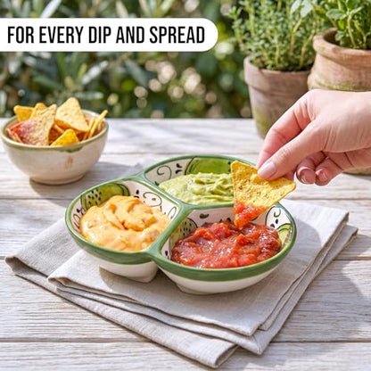 3-Compartment Ceramic Serving Dish, Handmade in Spain | 7.5” divided chip and dip bowl with lead-free glaze, microwave, oven and dishwasher safe, ideal for tapas, snacks and sauces - color: Cactus Green