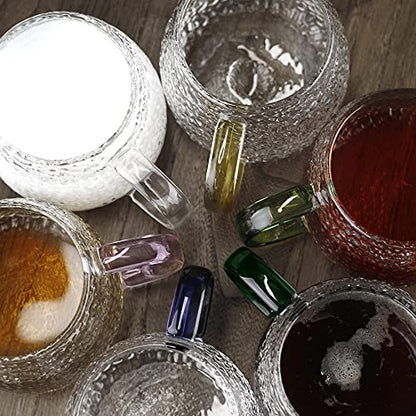LUXU Hammered Tea Cups,Glass Coffee Mugs,15 oz,Set of 6 | Different Color Handles,Prefect for Cappuccino,Latte,Water,Mocha,Milk,Widely Used for Cafes,Home and Office ﻿ - style: 15 oz Hammered tea cups