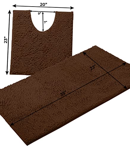 Bathroom Rugs Sets 2 Piece, Luxury Chenille Bath Mat Set, Soft Plush Anti-Slip Bath Rug + U-Shaped Toilet Mat. Microfiber Shaggy Carpet, Super Absorbent (24” x 36” & 20” x 24” U, Brown) - color: Brown, size: 2 Piece Set - Large