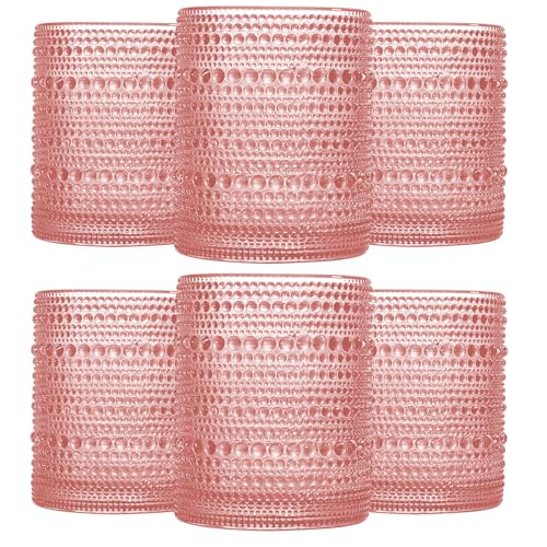 JOVGANK Pink Vintage Hobnail Drinking Glasses Set of 6, Embossed Water Tumbler 12oz, Kitchen & Bar Beaded Glass Cups, Beverage Glass Cups for Water, Beer, Juice, Housewarming Gift - color: Pink, size: 12 oz