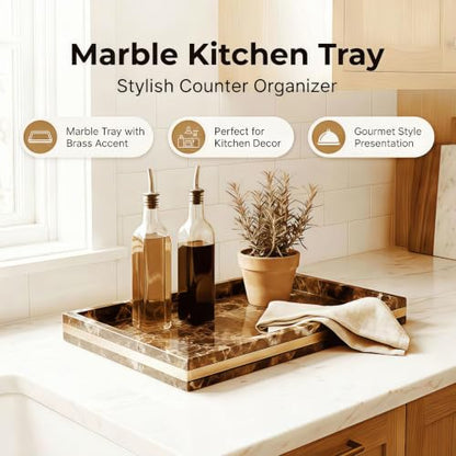 Brown Marble Vanity Tray, 12" x 8" Stone Bath Counter Organizer | Genuine Brown Marble, Warm Chocolate Veining, 12 x 8 Inch, for Perfume and Skincare, on Vanity and Kitchen Counter - color: Brown