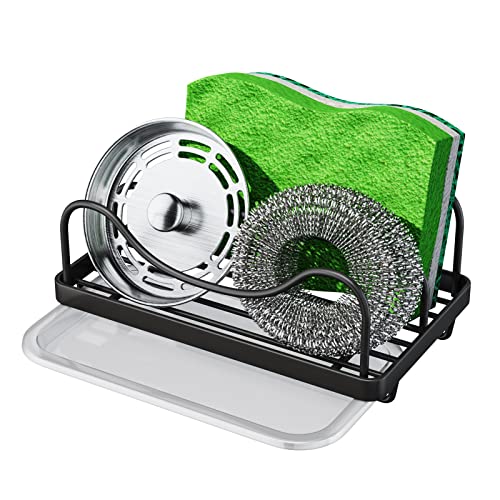 Consumest Sponge Holder for Kitchen Sink - Movable Sink Caddy for Countertop Organizer, 304 Stainless Steel Sponge Holder with Detachable Drip Tray for Kitchen Accessories-Black - color: Black