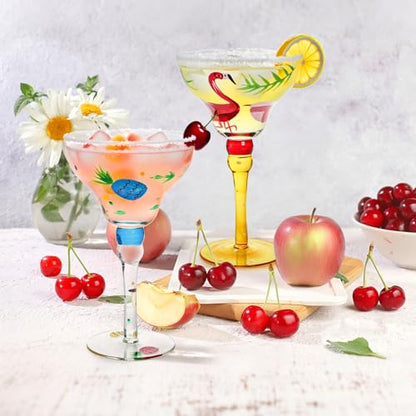 ZAVOOS Set of 2 Margarita Glass, 10 Oz Mexican Hand Blown Glass for Martini | Hand Painted Modern Wine Glasses, Elegant Coupe Cocktail Drinkware for Champagne, Cinco de Mayo, Party Decorations