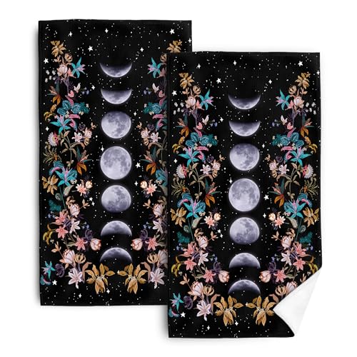 Witchy Black Kitchen Dish Towels Luna Moon Phases Boho Floral Botanic Hand Towel Gothic Bohemian Flower Decor Gifts 16"x24" Absorbent Drying Cloth Tea Towels Set of 2 - color: Bohemian Flower