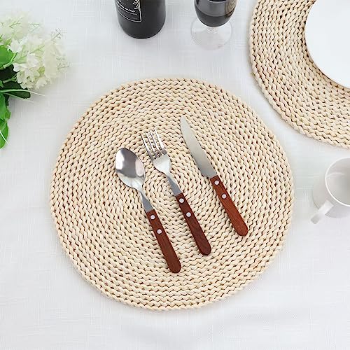 YRMT Round Woven Placemats Set of 6 Corn Husk Woven Placemat Braided Straw Water Hyacinth Place Mats for Dining Table, Wedding, Natural 13.8" in