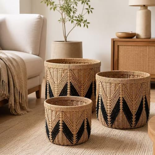Set of 3 Woven Storage Baskets Decorative Nested Organizer Bins for Blankets Toys Towels and Home Organization Set for Living Room Bedroom Natural,S+M+L