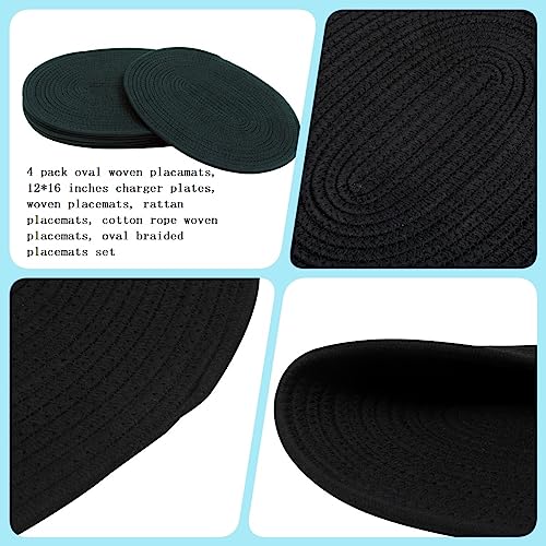 Oval Woven Placemats Set of 4, Rattan Placemats 12x16 Inch Cotton Wicker Placemats Farmhouse Boho Circle Braided Heat Resistant Outdoor Placemats Patio Table Place Mats (Black) - color: Black, size: Oval Set of 4