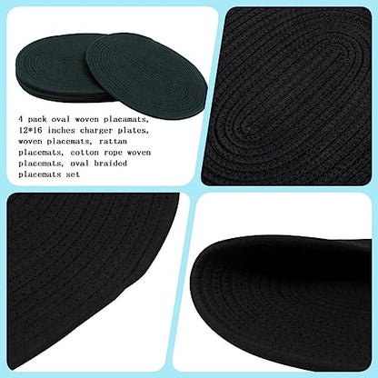 Oval Woven Placemats Set of 4, Rattan Placemats 12x16 Inch Cotton Wicker Placemats Farmhouse Boho Circle Braided Heat Resistant Outdoor Placemats Patio Table Place Mats (Black) - color: Black, size: Oval Set of 4