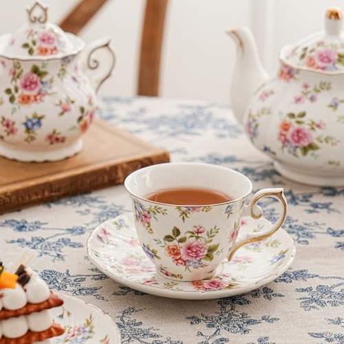Agyiuns tea cups and saucers ceramic coffee mug 6oz set of 4 for Latte, Cafe Mocha, white with flowers - color: White and small floral-set of 4