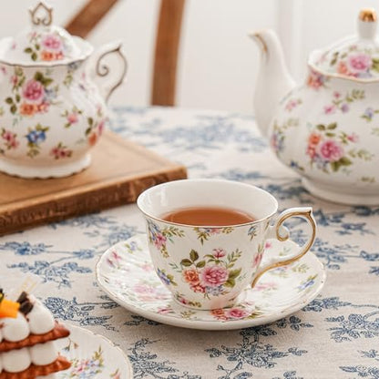 Agyiuns tea cups and saucers ceramic coffee mug 6oz set of 4 for Latte, Cafe Mocha, white with flowers - color: White and small floral-set of 4