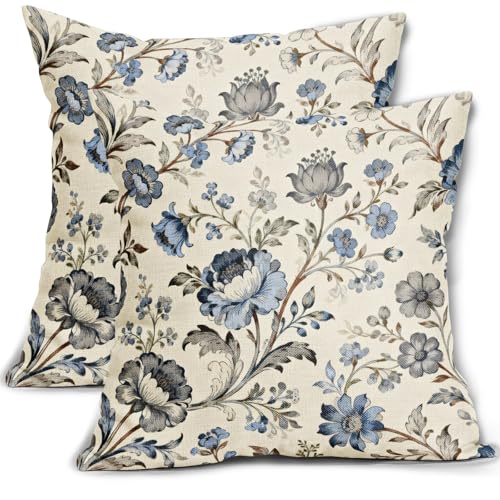 Chinoiserie Pillow Covers 16x16 Inch Set of 2 Blue Grey Vintage Farmhouse Floral Pattern Print Decorative Throw Pillowcases Antique Seasonal Flower Outdoor Cushion Cases Decor for Sofa Couch Bed - color: Blue Grey Cream, size: 16" x 16" (Pack of 2)
