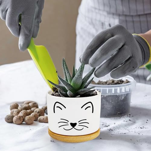 Cat Succulent Pots for Window Garden Cat Gifts for Women 3 Inch | Small Planters with Drainage and Bamboo Tray,Decor for Office Home,Windowsill,Cat Gifts for Women Mom (No Plants Included) - style: Cat Black