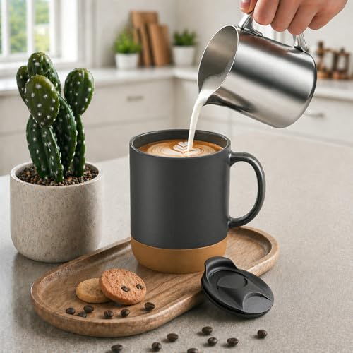 DOWAN Coffee Mugs, 15 oz Upgraded Coffee Mug with Silicone Bottom, Large Ceramic Coffee Mug set of 2 with Spill Proof Lid for Mom Dad, Big Mug for Latte Tea, Matte Grey