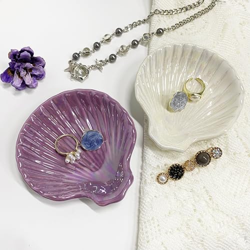 Shell Jewelry Ring Holder Dish, Seashell Jewelry Dish Tray, Ceramic Jewelry Plate Bowl, Engagement Trinket Dish, Wedding Birthday Mother's Day Christmas Gift for Women, 3.9", Purple Iridescent Surface - color: Purple