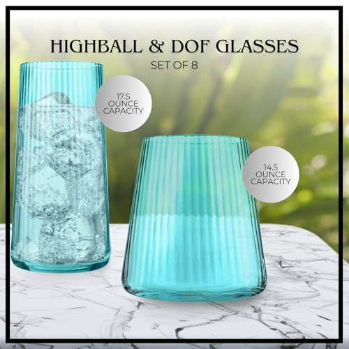 ARTLAND Soho Optic 14.5 oz Double Old Fashion & 17.5oz Highball Glasses (8-Piece Set) - Modern Design Barware Glasses - Elegant Durable & Stylish Bar Glassware Essential, Dishwasher Safe (Turquoise) - color: Light Turquoise, style: Highball & DOF (8-Piece