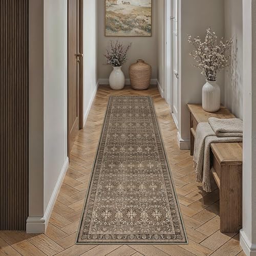 Brown 2x8 Runner Rugs Washable for Hallway | Living Room Rug,Vintage Rug,Bedroom,Dining Room,Office,Farmhouse,Non-Shedding,Non Slip,Low Pile,Soft - color: Brown, size: 2' x 8' (Runner)